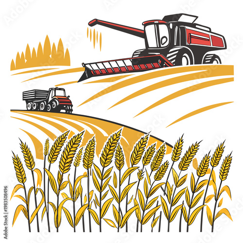 A vibrant illustration depicts a combine harvester and trailer collecting a bountiful wheat harvest in a rolling golden field high quality professional