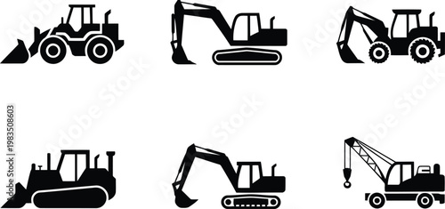 Construction equipment icons excavators bulldozers and cranes in black and white