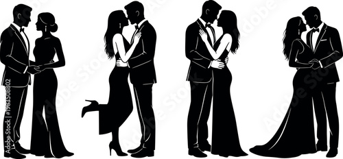 Elegant romantic couple silhouettes in formal wear posing holding hands embracing kissing for wedding engagement or valentines day vector illustration.
