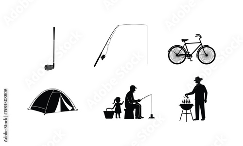 Golf club fishing rod bicycle tent fishing and barbecue icons.