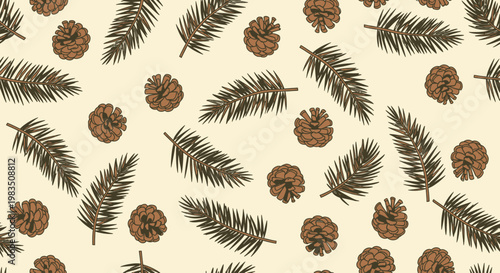 A pattern of pine cones and needles on a cream background