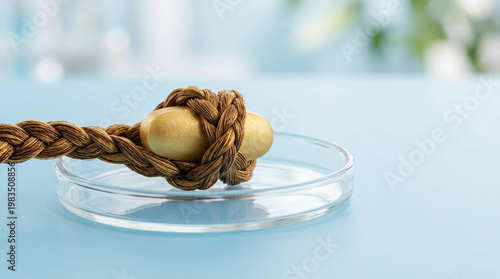 Biotin hair supplement capsule tied with brown rope on glass plate showing strength hair care concept for healthy growth and nourishment