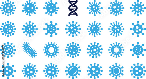 Blue virus and science icons in a grid on white background.