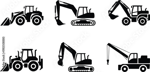 Construction equipment icons bulldozer excavator and crane silhouettes