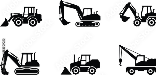 Construction equipment icons excavators loaders and cranes in black and white