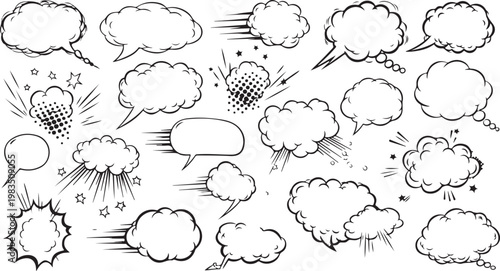 Comic speech bubbles, cartoon dialogue clouds, vector illustration set isolated on Transparent Background