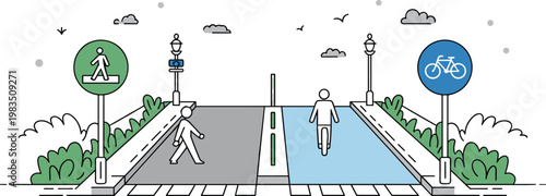 City street infrastructure with pedestrian crosswalk and bicycle path signs featuring person walking and bike lane in monoline vector.