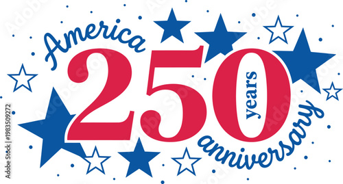 America 250 years anniversary logo with red and blue stars on white background