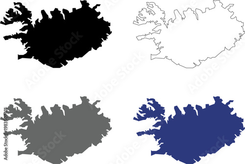 Iceland Map Silhouette and Outline Vector Icon Set