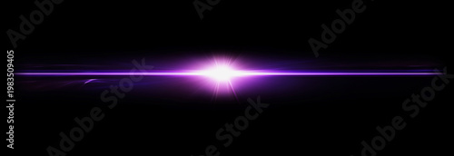 Abstract purple horizontal lens flare light streak glowing energy beam on black background, cinematic sci fi light burst, neon glow effect, digital light leak overlay for video editing and design