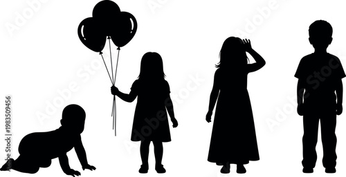 Silhouette vector illustration set of four young children featuring a crawling baby, girl holding party balloons, and standing little boy.