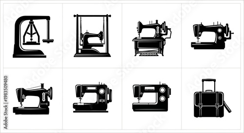Collection of vintage and modern sewing machine silhouettes for crafting and textile design