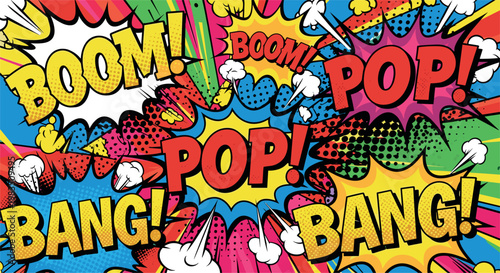Colorful comic book explosion background with pop art speech bubbles boom bang text and retro halftone dynamic design