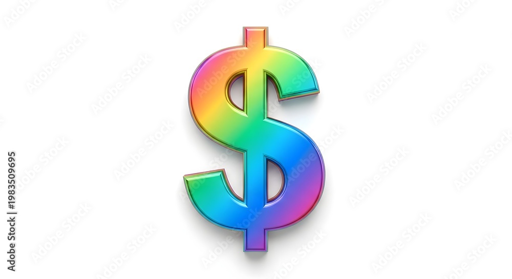 Fototapeta premium Rainbow dollar sign symbol with metallic sheen on white background