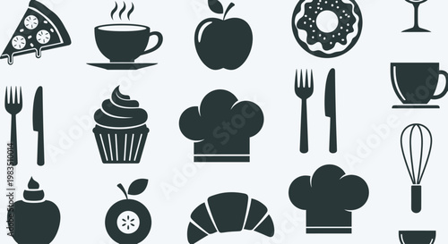 Collection of dark grey food and kitchen icons on a light background
