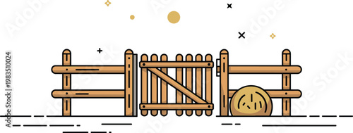 Wooden farm gate with rural ranch fence and hay bale in modern monoline flat vector style for agricultural design