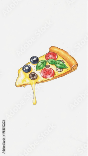 Drawing sketching slice of pizza on white background