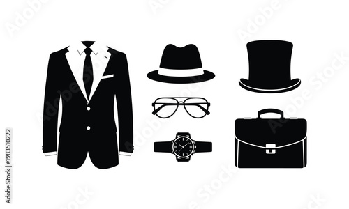 Man formal suit accessories and hats glasses watch briefcase and tie.