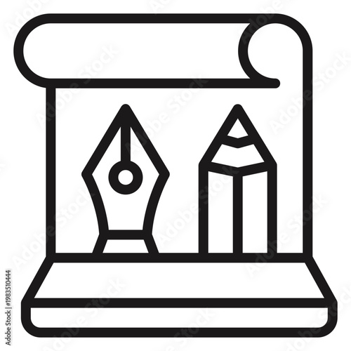 Minimalist black vector icon illustration of a paper scroll featuring a fountain pen nib and pencil, representing graphic design, creative drafting, architectural sketching, and artistic tools.
