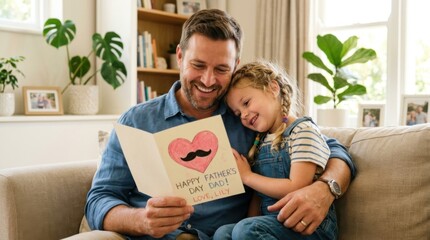 Happy Father and Daughter Holding Handmade Father's Day Card