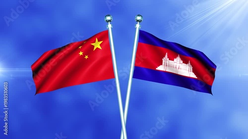 China and Cambodia Flag Waving On Pole Loop
