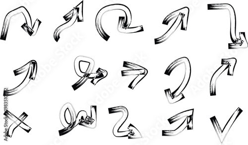 A collection of hand drawn black arrows in various shapes and orientations on a white background
