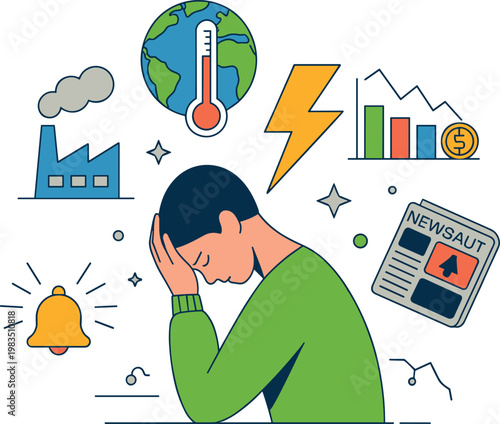 Stressed man feeling overwhelmed by global warming economic crisis news and environmental problems in a clean monoline vector style