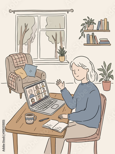 Woman with laptop and notebook engaged in video call at home desk by window with plants and books on shelves around her naive naive style wfh work from home hand draw