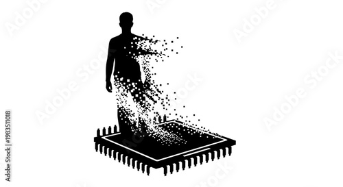 Silhouette of a person disintegrating from a microchip.