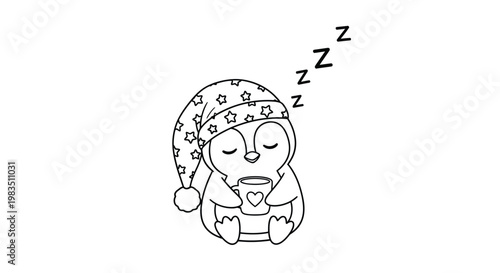 A cute penguin enjoys a warm drink and drifts off to sleep