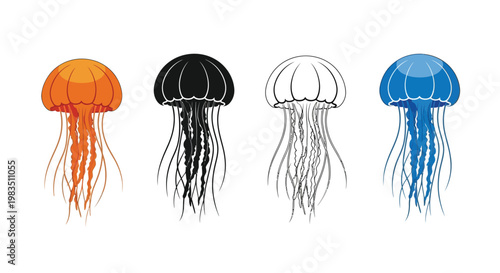 Four colorful jellyfish illustrations with varying shades and tentacle details