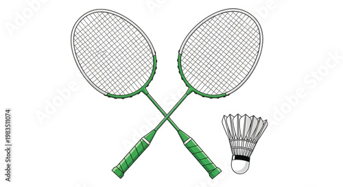 Two badminton rackets crossed with a shuttlecock illustrated design
