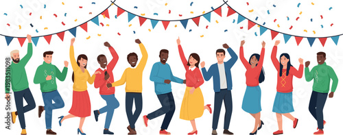 Diverse people dancing under party flags with confetti celebrating festival joyful crowd event cartoon vector illustration