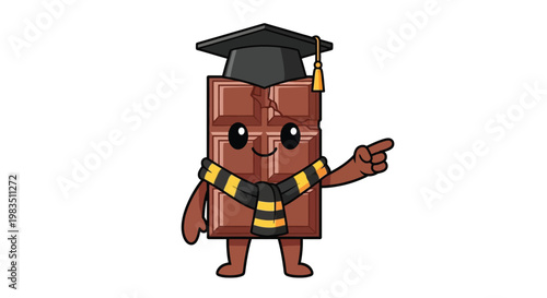 A cartoon chocolate bar character graduates pointing forward cheerfully