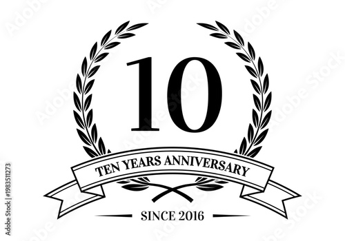 10 years anniversary laurel wreath logo or icon. Jubilee, birthday badge, label or emblem. 10th celebration design element. Vector illustration.