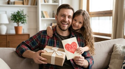 Happy Father and Daughter with Father's Day Gifts and Card