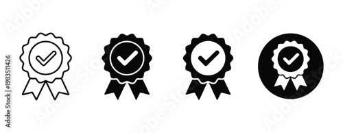 Approved icon set with certified medal symbols, quality assurance badges and check mark seals for verification, guarantee and approval vector illustration.