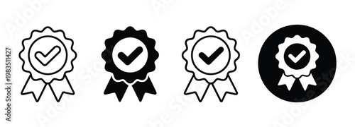 Approved and certified medal icon collection featuring quality badge, verification seal and check mark symbols for business validation and guarantee design vector set.