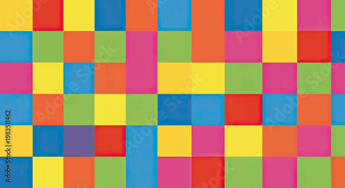 Vibrant geometric grid of alternating colored squares, creating a playful pattern