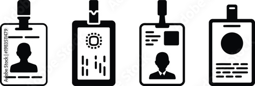 Four black and white id card icons with different facial representations
