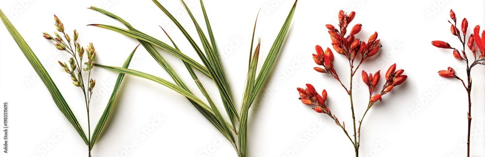Fototapeta premium An arrangement featuring two types of greenery and red floral sprigs on a white background