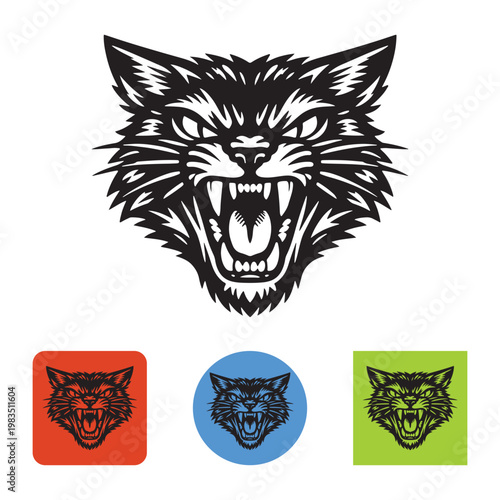 Aggressive wildcat mascot head vector, fierce bobcat snarling with sharp teeth, black and white lynx sports logo, predatory feline animal face
