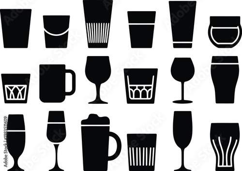 Black and white glassware and drinkware icon set