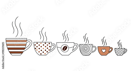 A row of steaming coffee cups with various unique patterns