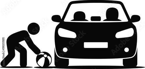 Silhouette of a car with passengers and a child reaching for a ball in a dangerous situation.