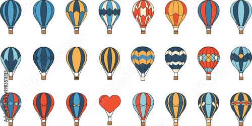 Colorful hot air balloon cartoon vector set with different patterns romantic heart balloon and vintage travel illustration collection