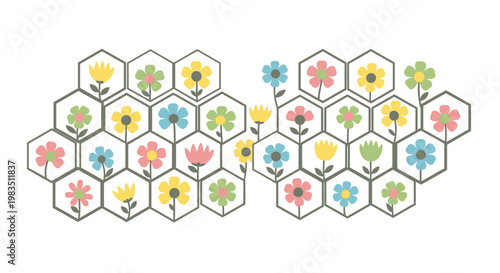 A honeycomb pattern filled with colorful, stylized flowers and stems