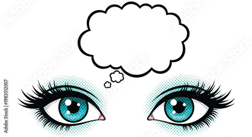 Pop art illustration of a pair of eyes looking up with a thought bubble