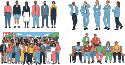 Diverse people group and business characters collection including professionals families and friends multicultural cartoon vector illustration set