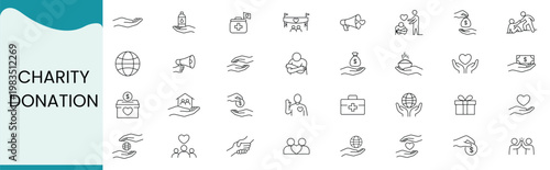 Charity Icon Set, Donation Support Nonprofit Line Vector Collection